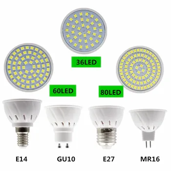 

LED GU10 Spotlight Bulb 220V SMD 2835 Base E27 E14 MR16 LED bombillas Bulb Lamp 36/60/80 leds 3W 4W 5W Plastic body spot light