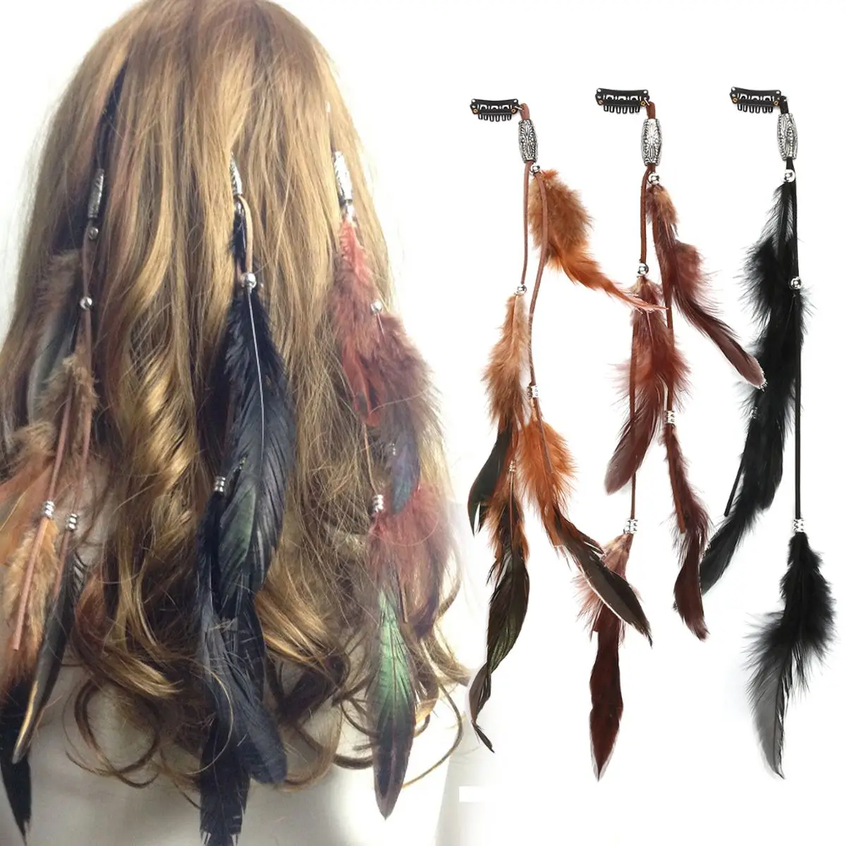 3Pcs/set Women Feather Hairband Hair Comb Clips, Indian Boho Headband