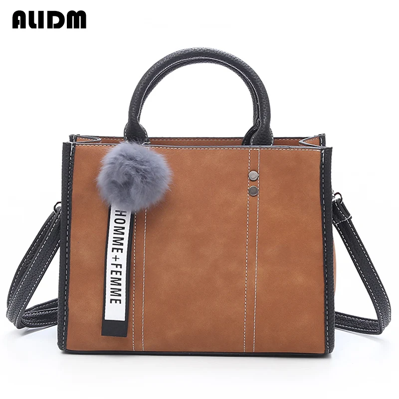 

High Quality Pu Leather Women Bag Female Zipper Solid Causal Tote Bags Ladies Vintage Shoulder Bags Cute Fur Ball Bolsos Mujer