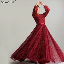 Фонари рукавом высокого Разделение цвет красного вина жемчуг кружева с длинными рукавами Вечерние платья Роскошные вечерние платье Настоящее фото Дубай LA6348