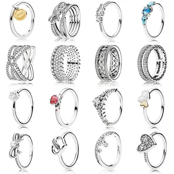 1 Pcs For Women 925 Sterling Silver Rings Bow Love Heart Pearl Star Crystal Finger Ring For Wedding Jewelry Gift 6/7/8/9 Size