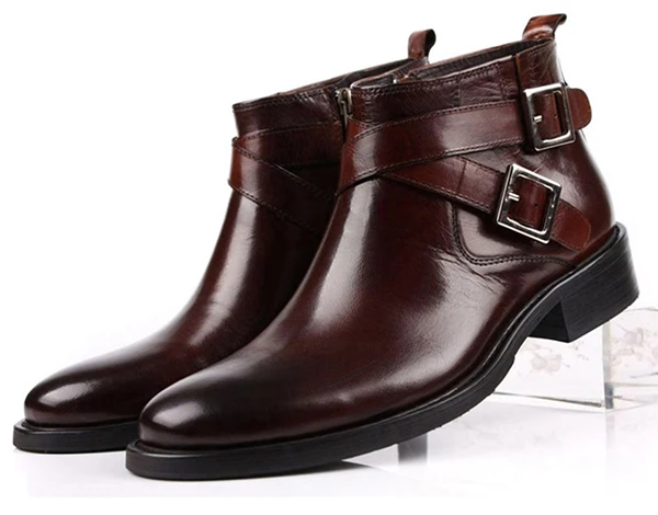 GRIMENTIN/мужские ботинки из натуральной кожи с двойной пряжкой; цвет черный, коричневый; мужские Ботильоны; обувь - Цвет: BROWN