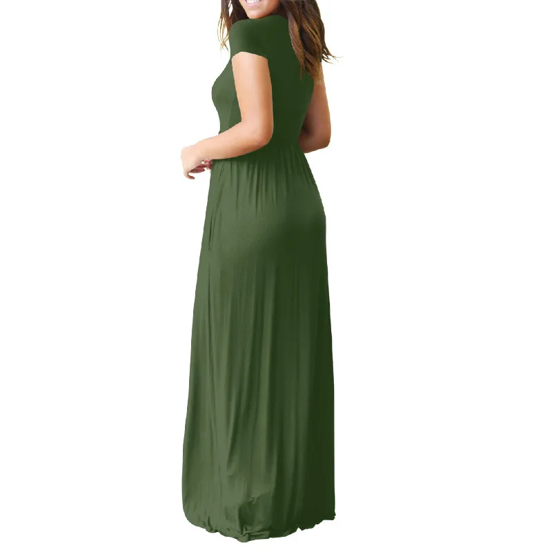 Летнее Длинное Платье Макси, женское богемное длинное платье размера плюс, Повседневное платье с карманами, новое однотонное платье с коротким рукавом и круглым вырезом, S-2XL GV598