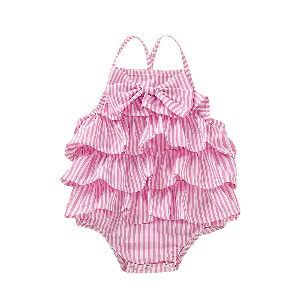 Детский комбинезон без рукавов в полоску с оборками и бантом для новорожденных девочек; Детский комбинезон для маленьких девочек; детская одежда; XLY0617 - Цвет: Розовый