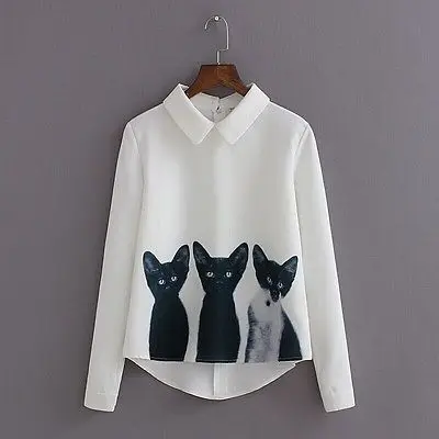 Fashion 2015 New Brand Women's Loose Chiffon Three Cats Tops Long Sleeve Casual Blouse Autumn Shirts High Quality