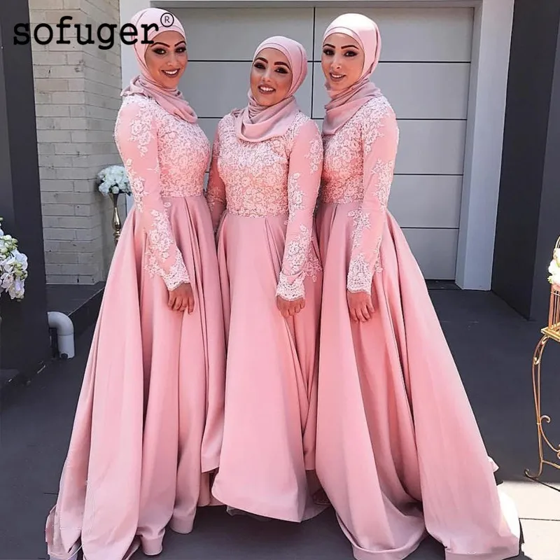 Розовые мусульманские Вечерние платья с длинным рукавом Кружевные Аппликации атласные Vestidos De Fiesta De Noche Арабский мусульманский особый случай плюс
