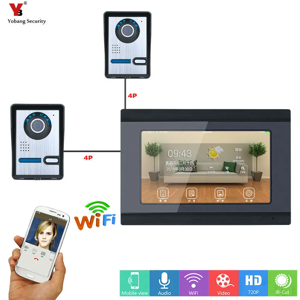 Yobang безопасности 7 дюймов проводной Wifi IP видео дверь домофон запись Системы с 2xHD проводной Камера Ночное видение