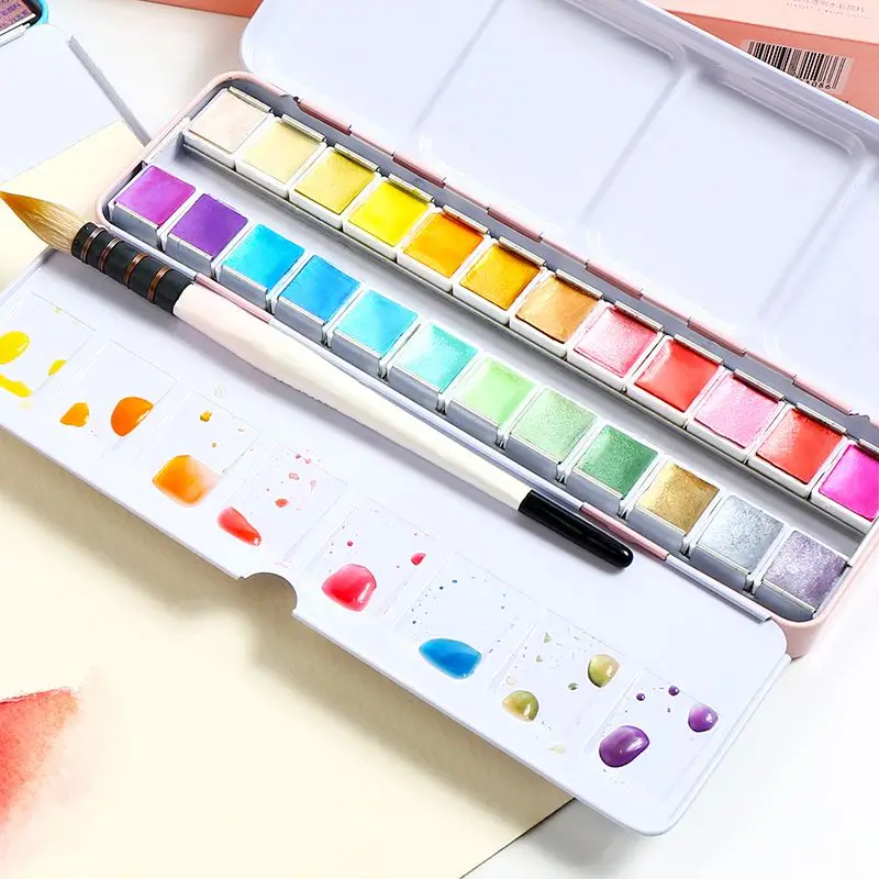 Online Rubens 12 24 48 Glitter Solide Aquarell Künstlerische Wasser Farbe Farben Für Malerei Metall Fall Mit Palette kunst Liefert