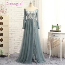 Dressgirl Silber 2017 Prom Kleider A-line Long Sleeves Tulle Spitze Perlen Sexy Schlitz Langen Abendkleid Abendkleider Abendkleid