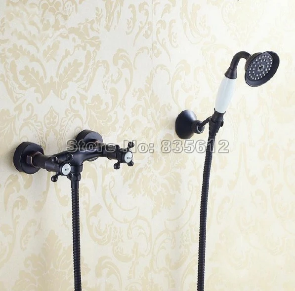 Wall Mounted Black Oil Rubbed Bronze Finish Bathroom Shower Faucet Ceramic Handheld Shower Mixer Taps Dual Cross Handle jam002 Wall Mounted Black Oil Rubbed Bronze Finish Bathroom Shower Faucet Ceramic Handheld Shower Mixer Taps Dual Cross Handle jam002