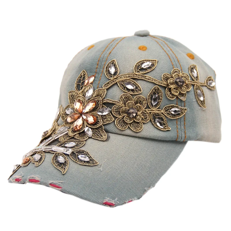 Женская джинсовая шляпа с вышивкой цветы бриллианты|baseball hat cap|snapback capshat cap |