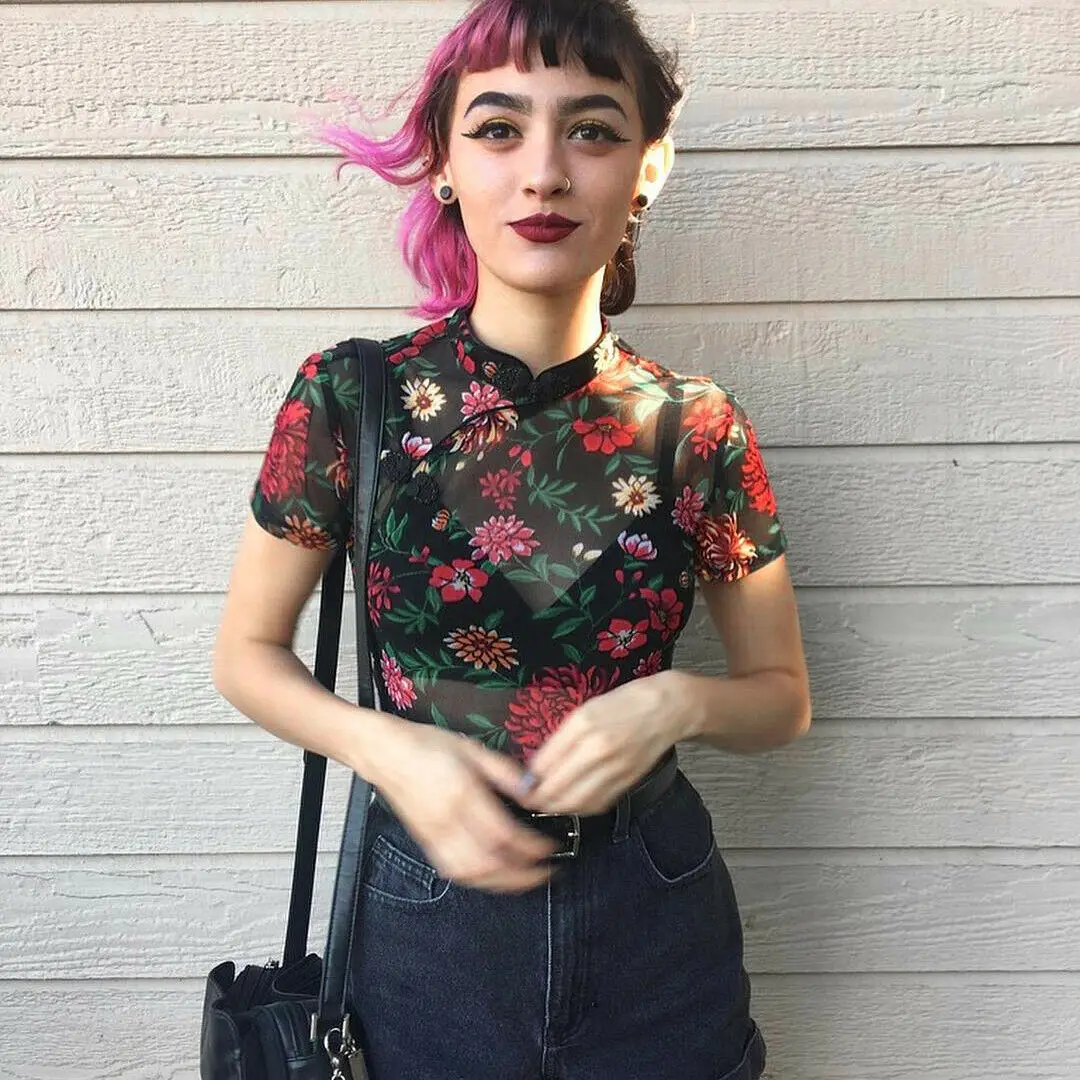 

2019 Women Sheer Mesh Short Sleeve Crew Neck See-through Crop Chinese style Cheongsam collar Flower print mesh Top Shirt