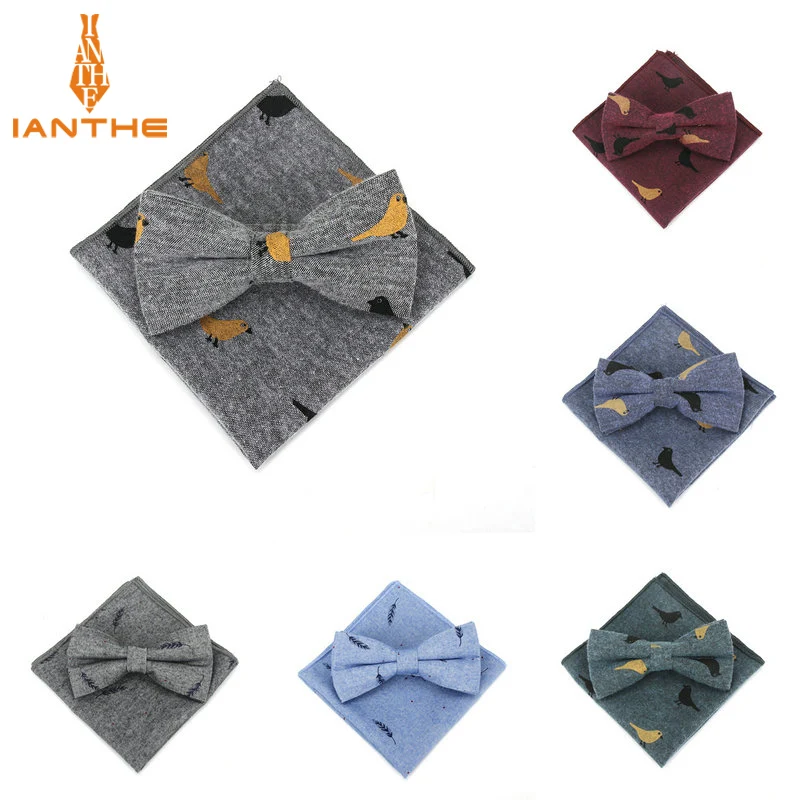 

2018 bowknot set Classic cotton Birds Printed CMen Butterfly Bow Tie BowTie Pocket Square Handkerchief Suits Set Leaf Neckwear