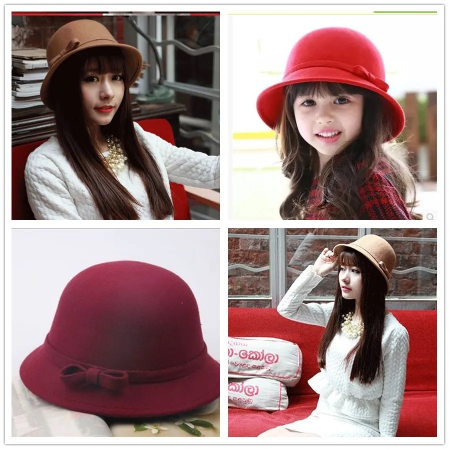 

2017 New Girls Autumn And Winter Hat Children's Wool Hat England Retro Curling Dome Hat Princess Basin Cap Parent-Child Hat