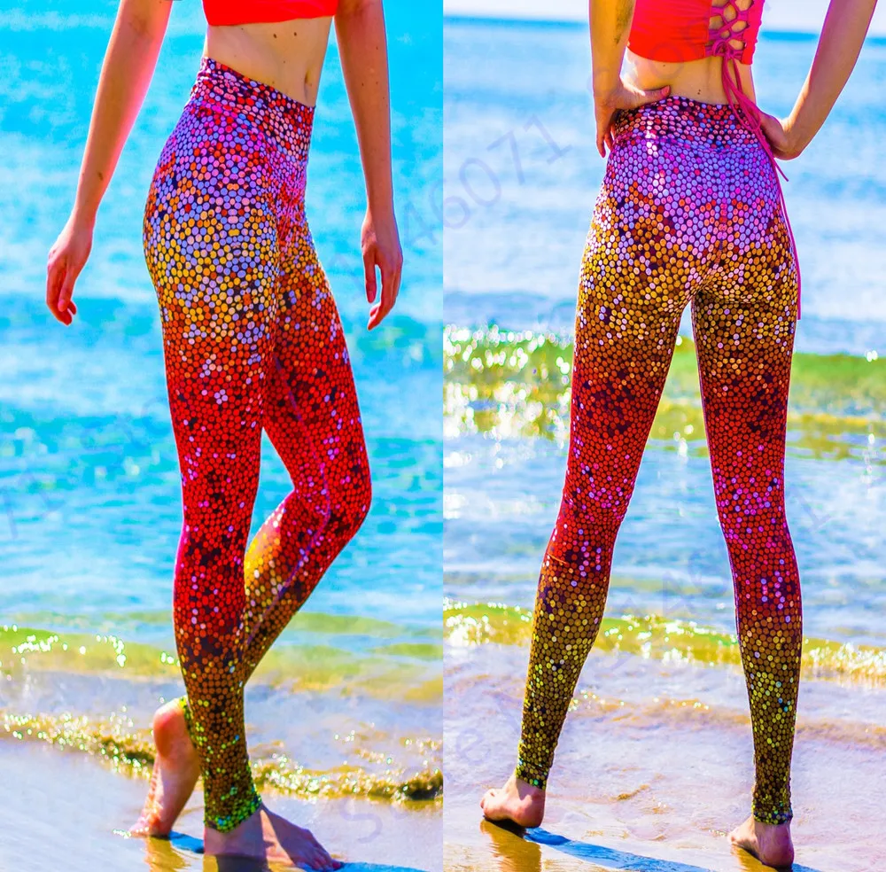 Red Mermaid Fitness Yoga Leggings Yellow Fish Scale Sports Jogging