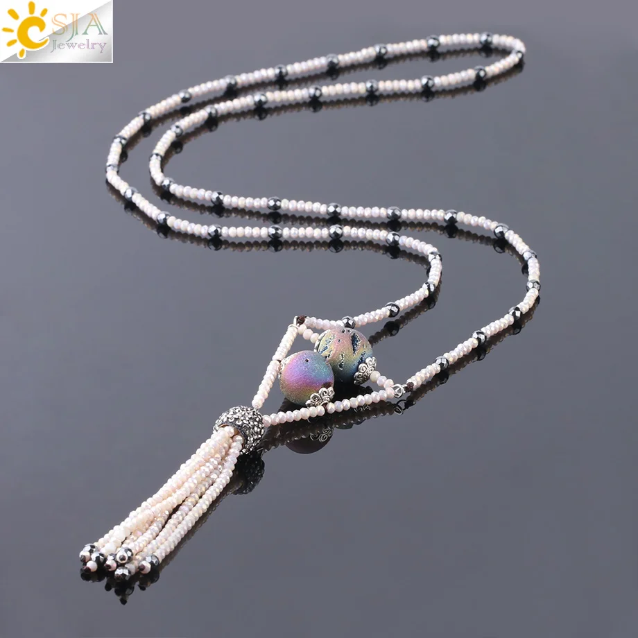 

CSJA Women Long Statement Necklaces Mineral Natural Stone Crystal Glass Seed Beads Jewelry Fringe Pendant Sweater Necklace S232