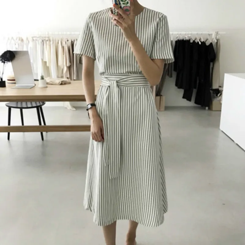 

2019 Summer Long Striped Bandage Dress Ladies Vestidos verano With Belt Casual Bodycon Green Robe Femme sukienki damskie