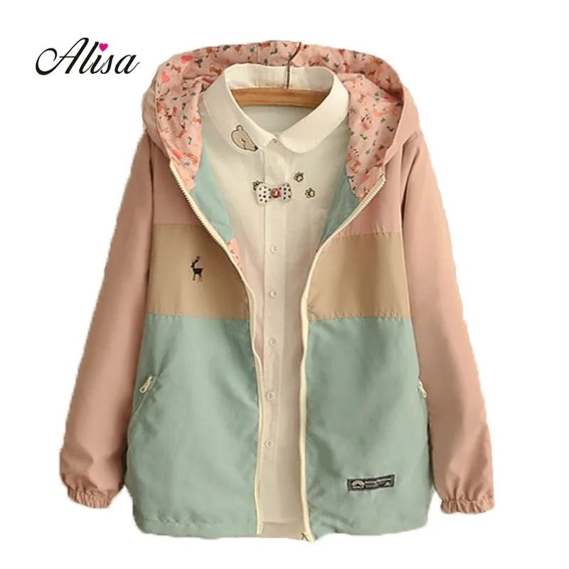 

2018 Spring Autumn New Women Jackets Loose Pocket Zipper Cartoon Print Hooded Coat Two Side Wear Casual Jacket Female Outerwear