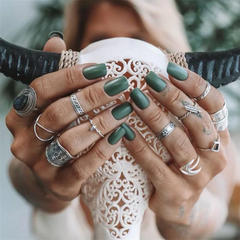 

10 Pcs/ Set Personality Bull Head Wave Leaves Water Drop Arrow Gem Crystal Midi Ring Women Punk Silver Ring Set Combination