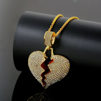 

Fashion Broken Heart Pendant Necklaces Women Men Hip Hop Jewelry Gold Silver Color Iced Out Chain Rhinestone Statement Necklace