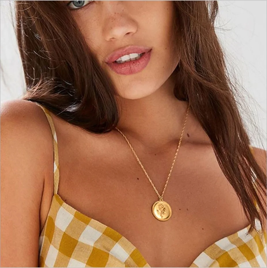 

Fashion necklace alloy diecast disc rose flower pendant slide metal plated chain silver gold color for women gift