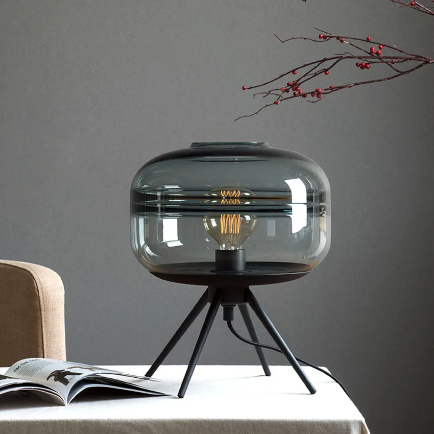 Современная американская стеклянная настольная лампа, креативная прикроватная лампа для спальни, коричневая синяя серая стеклянная лампа с абажуром, железный кронштейн, настольная лампа для чтения