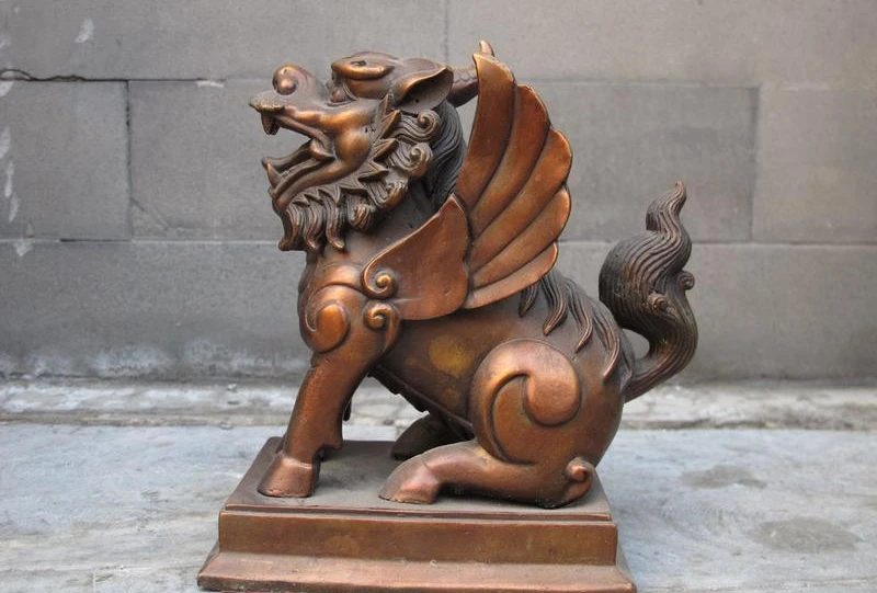 

Chinese Feng Shui red Bronze kylin Foo Dogs Lion Avoid apotropaion beast Statue a 0518