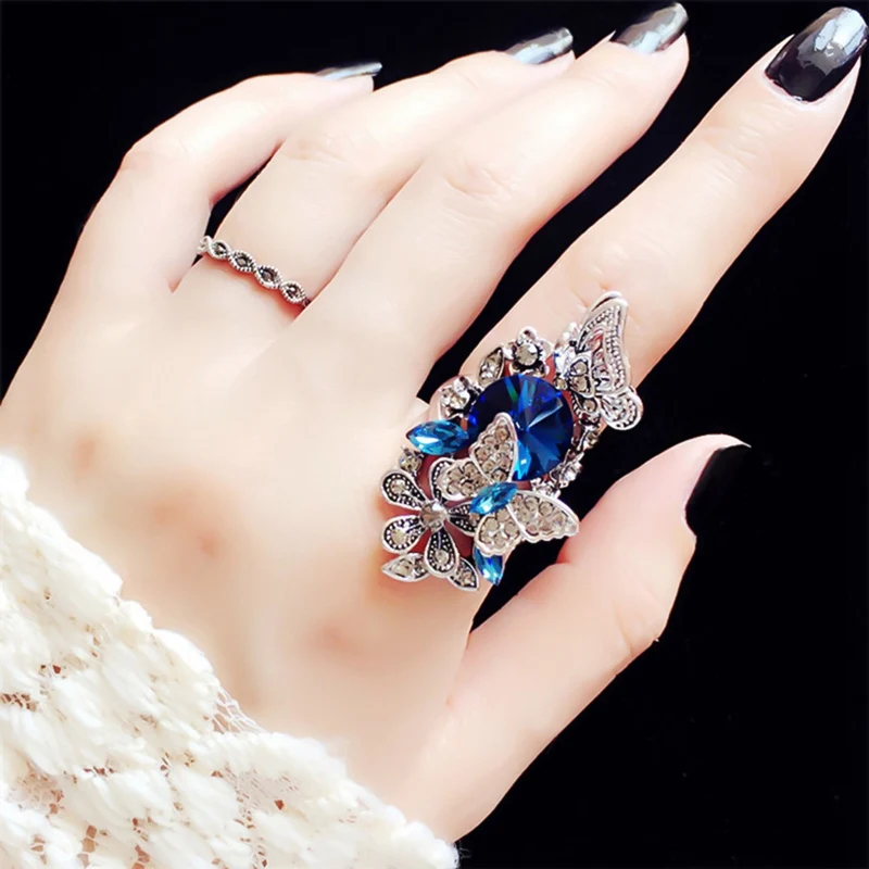 

2pcs/set European Index Finger Wedding Rings Female Court Vintage Big Gem Crystal Butterfly Rings for Women Luxury Jewelry