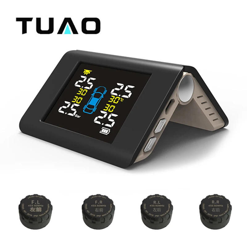 TUAO S6e Smart Car TPMS Tire Pressure Monitoring System Solar Power Charging TFT Display Tyre pressure sensor Auto alarm system |