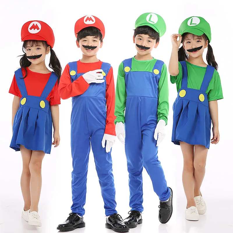 Kids Boys Super Mario and Luigi Costumes Plumber Children Family Fancy Dress Up 