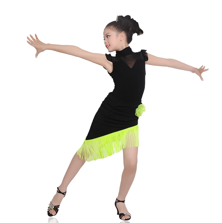 Детское современное бальное платье для латинских танцев для девочек, зеленая бахрома для сальсы, Танго, Одежда для танцев, черная одежда для сцены - Цвет: black with green