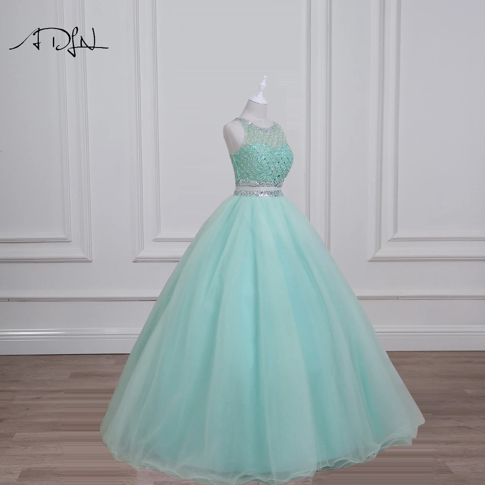 Quinceanera Dresses Mint Green Real Photo Gorgeous Beaded Sequin Crystal Two Piece Prom Sweet 16 Debutante ADLN