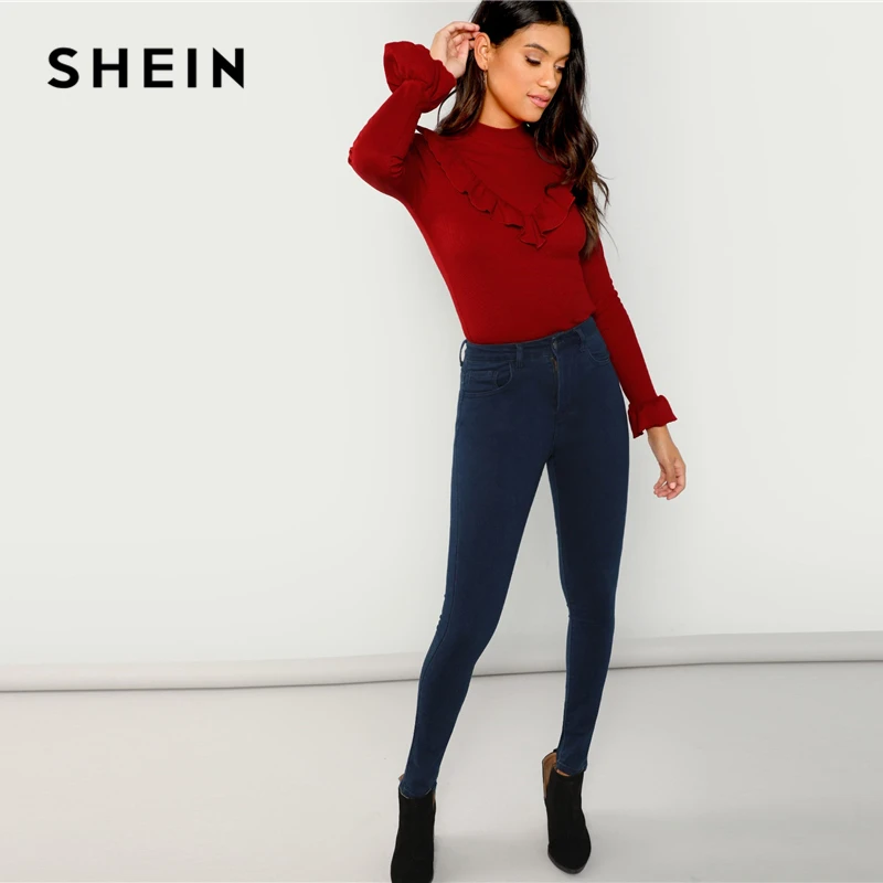 SHEIN Однотонный Топ С Длинными Рукавами И Оборкой На Груди, Нарядный Джемпер С Длинным Рукавом