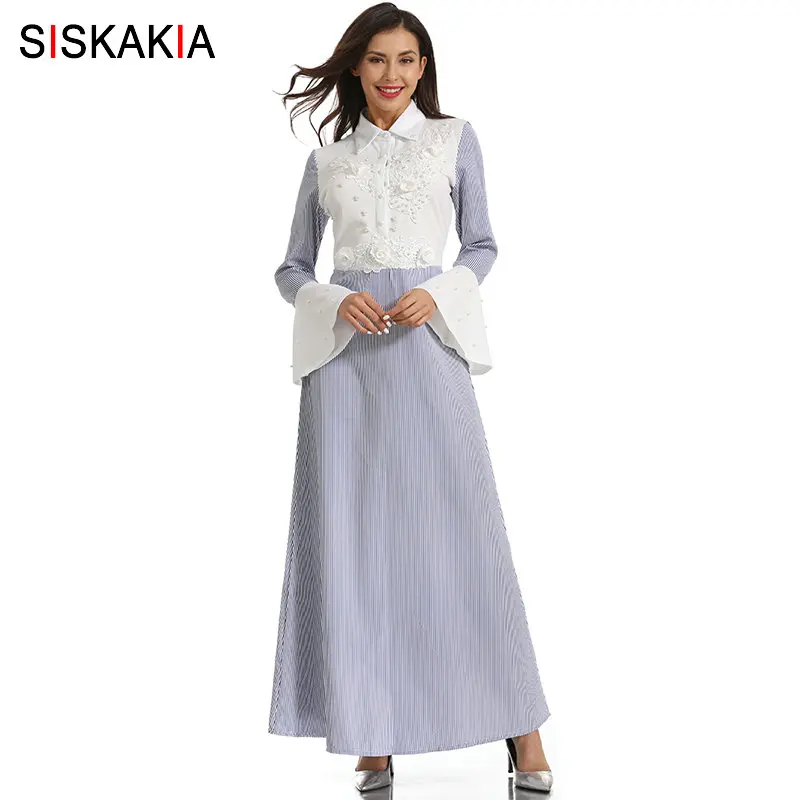

Siskakia Slim Women Shirt Dress Long Elegant 3D Flower Lace Applique Beading Maxi Dresses Stripe Lapel Flare Long Sleeve Muslim