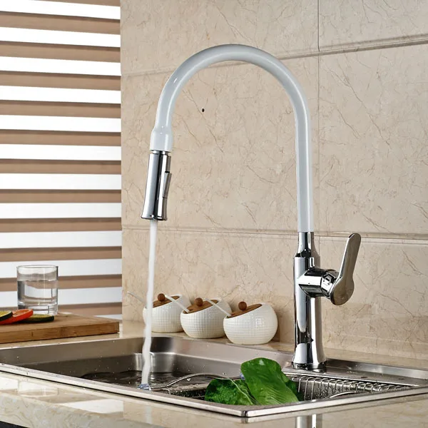 

Good Quality White and Chrome Finish Dual Function Single Handle Pull Down Spray Kitchen Sink Faucet Pull Out Mixer Tap