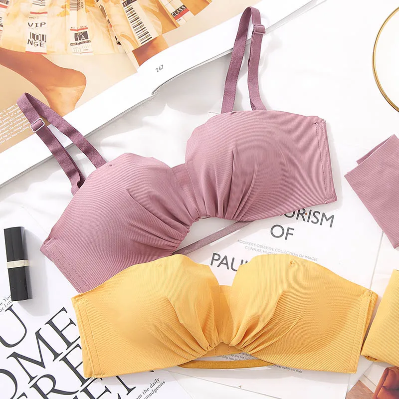 

CINOON New Sexy Seamless Bra Gather Adjustable Women Bra Breath Skin Cotton Bralette Underwear Set Push Up Candy-colored bra set