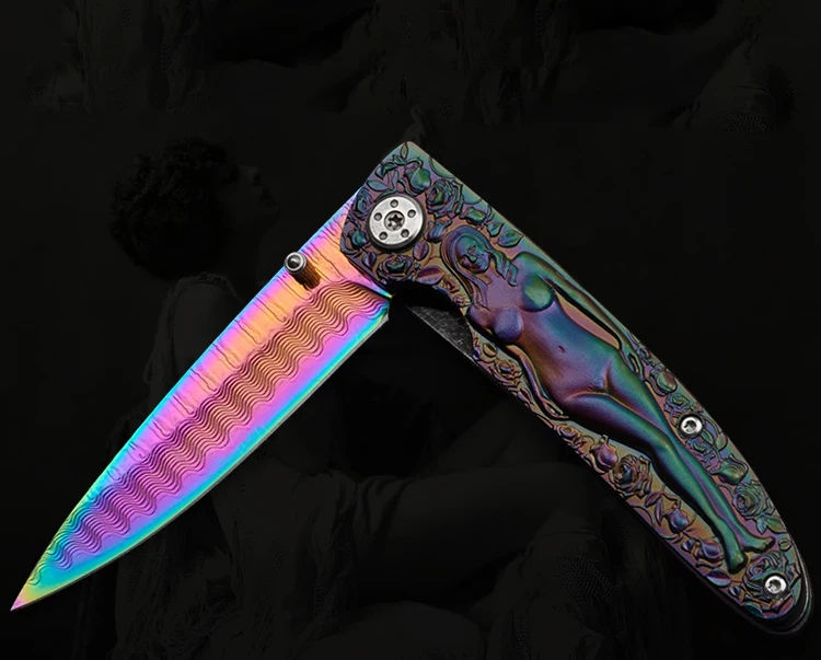 Colorful Figures Relief Corrugated Steel Damascus Folding Knife Camping Survival Pocket Knife Tactical Hunting Knife EDC Tools