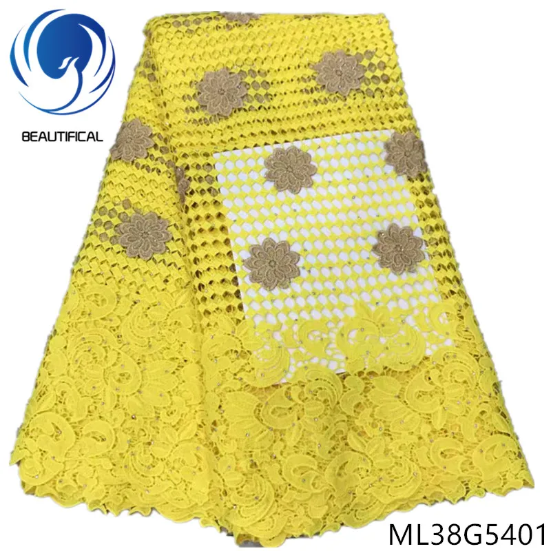 

BEAUTIFICAL nigerian cord lace fabrics embroidery water soluble lace fabric with stones High quality chemical lace ML38G54