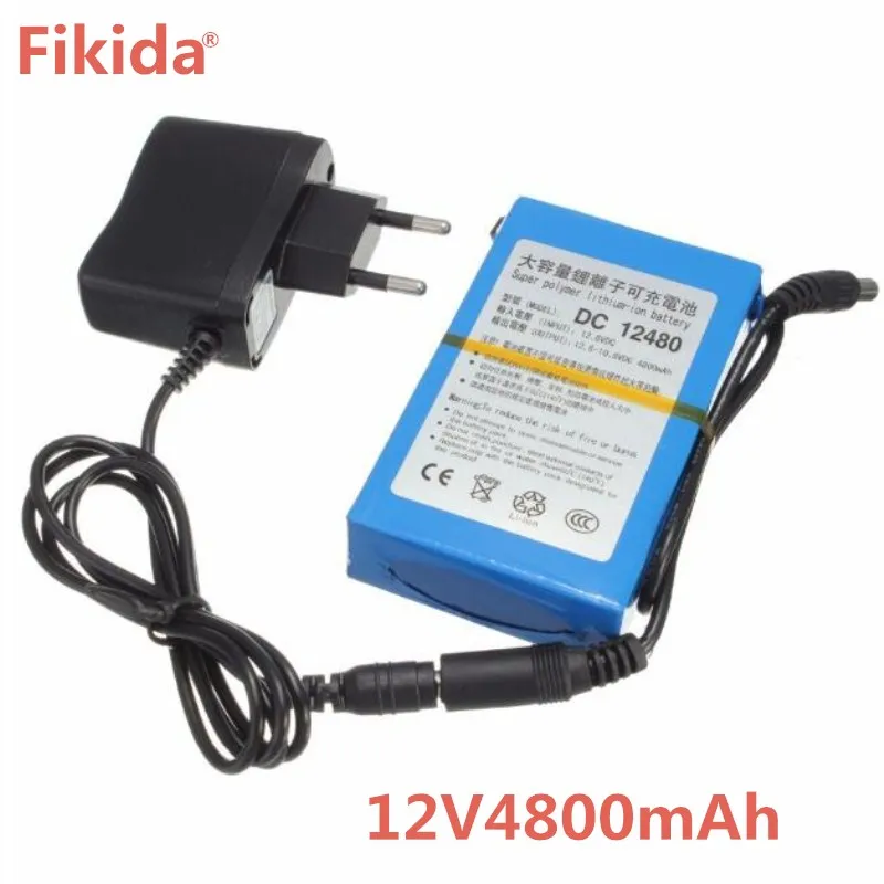 Fikida 12 V 4800 mAh литиевая батарея перезаряжаемая литий-ионная батарея с DC 12480 зарядным устройством EU/US Plug