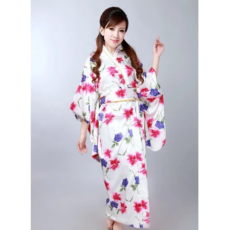 Черное белое винтажное японское женское шелковое атласное кимоно Mujeres Quimono Yukata вечернее платье цветок один размер