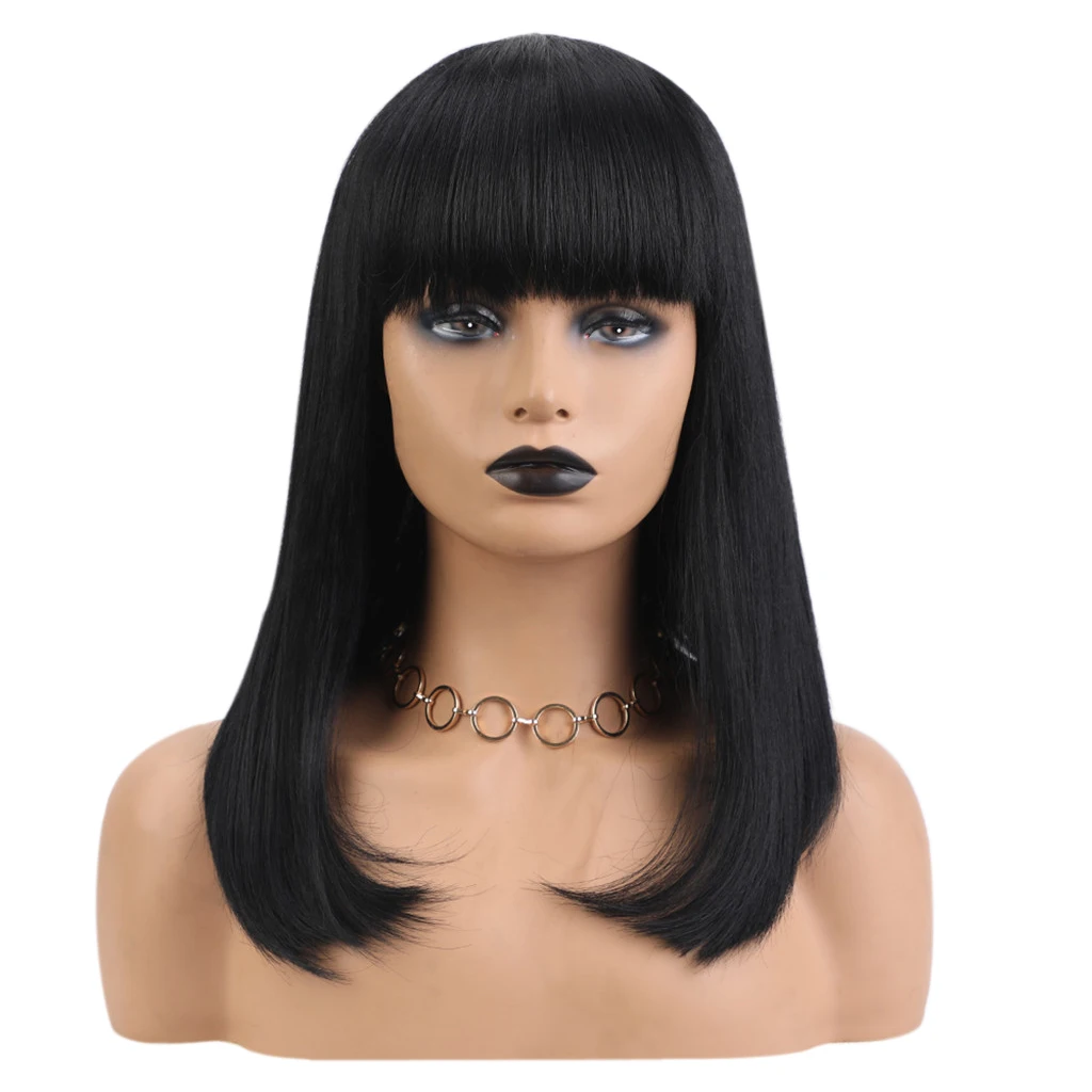 

Perfeclan Women Fashion Lady Anime Wig Mid-Length Black Straight Human Hair Full Wigs for Cosplay Party Daily Use