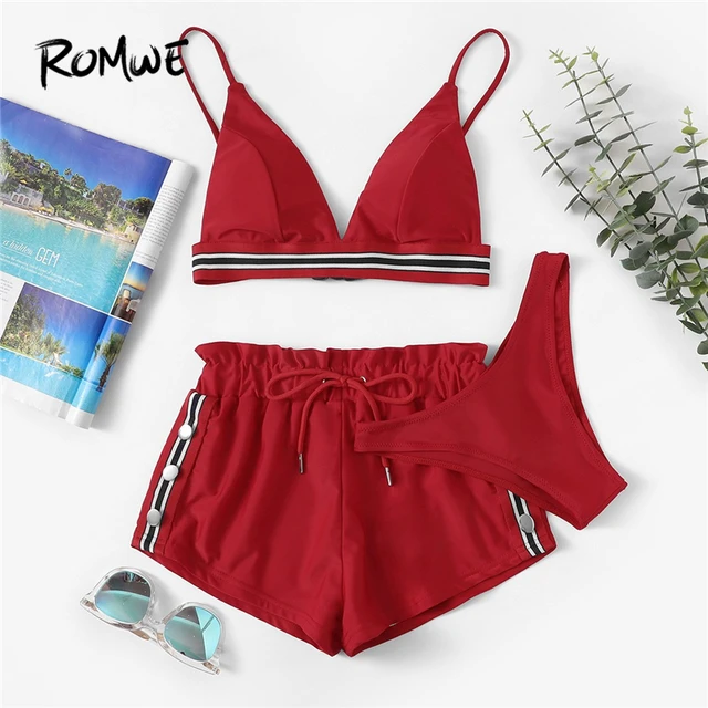 {Excellent|Wonderfull|Very Good|Very Recommended} Romwe Sport Red 3 Pieces Pack Bikinis Set Striped Trim Triangle Bra With Panty And Beach Shorts Women Swimming Sets Swimsuit Special Offers