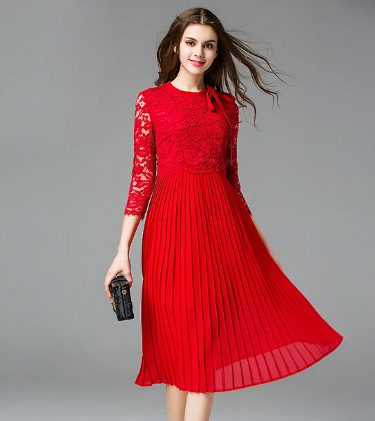 2017 elegant women lace chiffon pleated dresses red 5XL three quarters ...