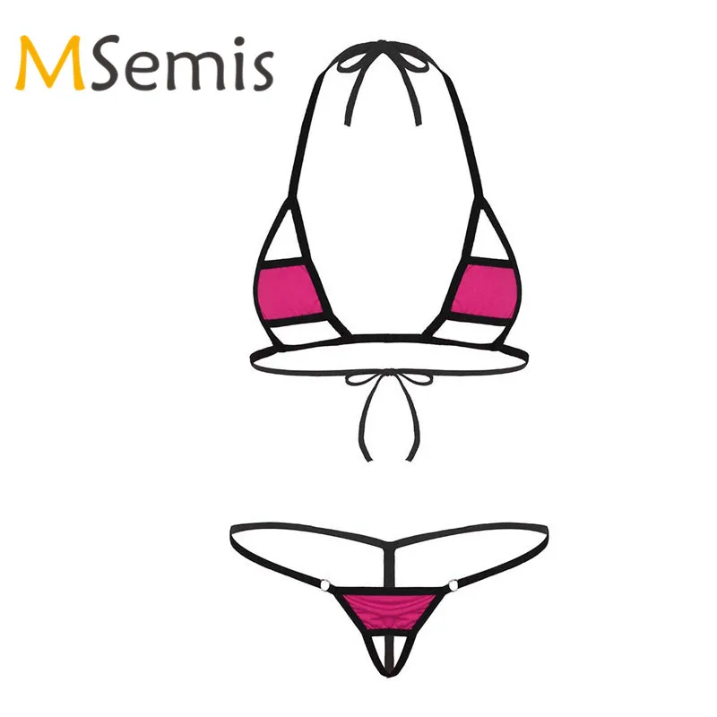 

2Pcs Women Lingerie Micro Bikini Bra Top with G-String Thong Sexy Swimmsuit Underwear Set Halter Neck Self-tie Mini Bikini Top