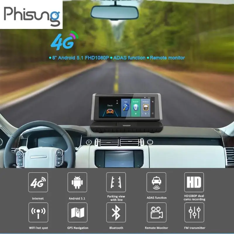 8 дюймовый автомобильный видеорегистратор Phisung E02, сенсорный, 4G, WiFi, Android 5,1, Full HD, 1080 P, Автомобильный видеорегистратор, камера, видео регистратор, gps, ADAS, двойной объектив, видеорегистратор