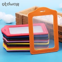 1PC PU Leather ID Badge Case Clear and Color Border Lanyard Holes Bank Credit font b