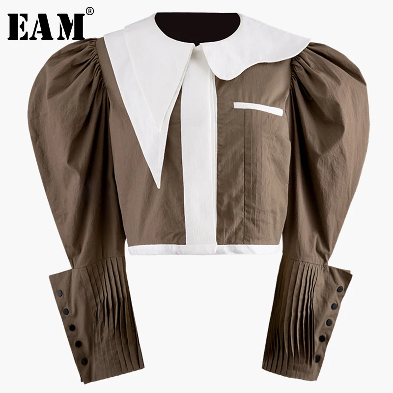 

[EAM] 2019 New Autumn Winter Lapel Long Sleeve Irregular Pleated Personality Short Hem Shirt Women Blouse Fashion Tide JX847