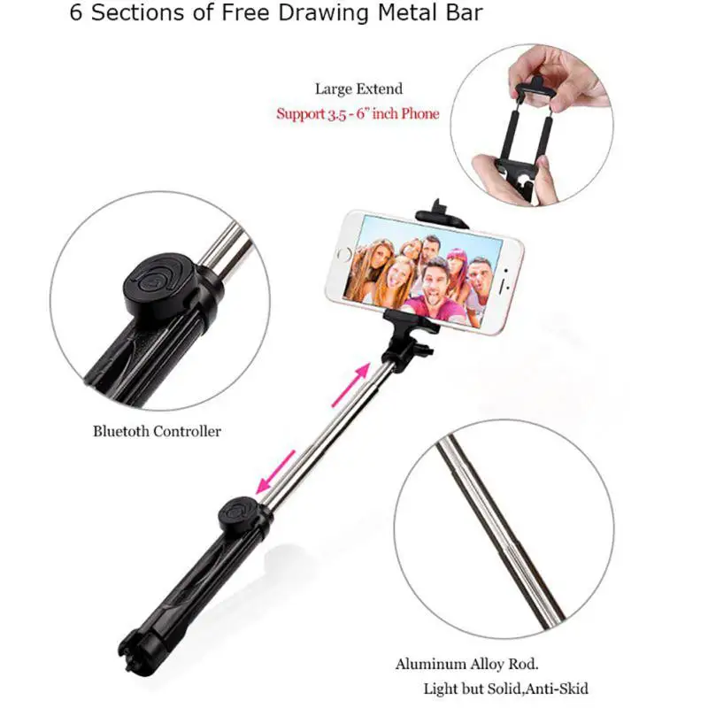 Convenient Practical Retractable Selfie Stick For Mobile Phone Bluetooth Remote Selfie Sticks Phone Clip Tripod