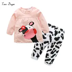 ТЕА doger маленьких Обувь для девочек младенческой весенний спортивный костюм Костюмы набор мультфильм корова с длинными рукавами футболка +