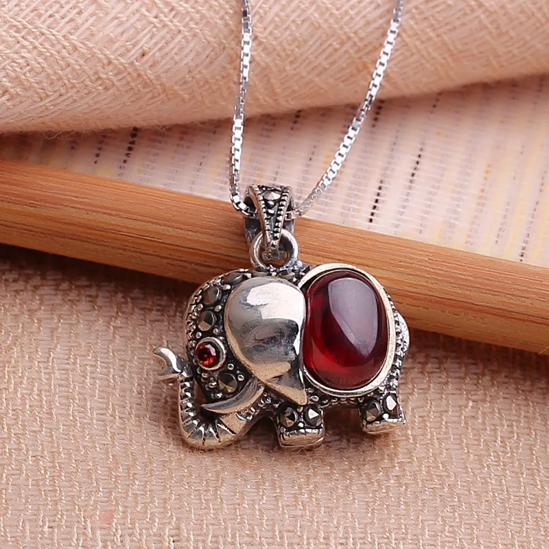 

antique style sterling 925 silver elephant garnet pendant with box chain silver crystal vintage necklaces & pendants jewelry